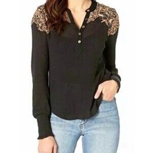 Free People Easy Breezy Embroidered Henley Thermal Top Black Orange Large